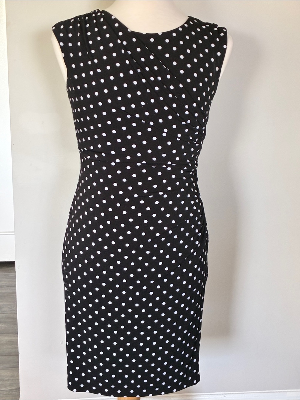connected apparel Black and White Polka Dot Midi Sheath Dress